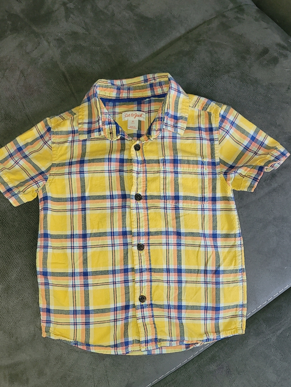 Cat & Jack Yellow Plaid Short-Sleeve Button-Down Shirt with Blue Accent